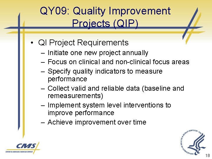 QY 09: Quality Improvement Projects (QIP) • QI Project Requirements – Initiate one new