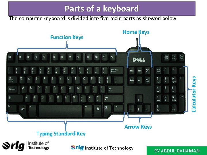 Parts of a keyboard The computer keyboard is divided into five main parts as