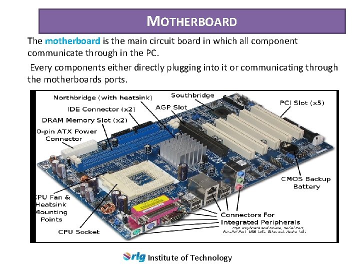 MOTHERBOARD The motherboard is the main circuit board in which all component communicate through