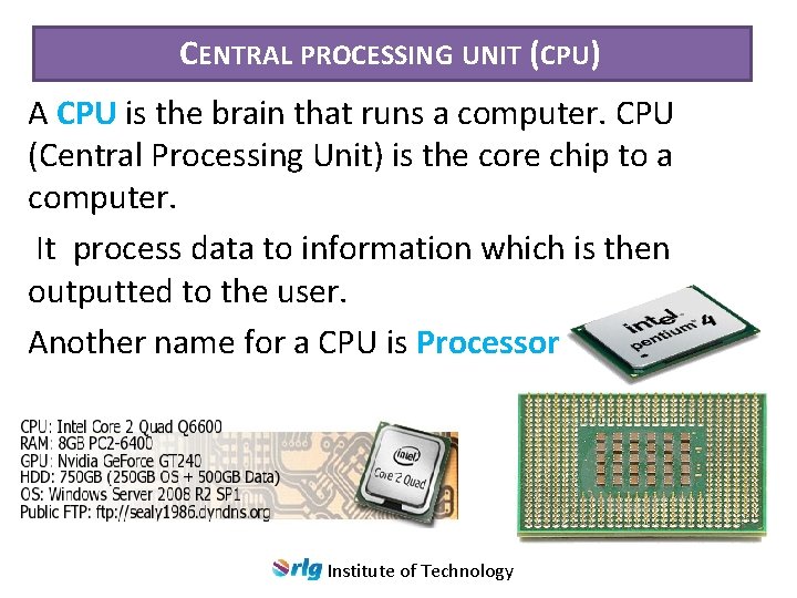 CENTRAL PROCESSING UNIT (CPU) A CPU is the brain that runs a computer. CPU