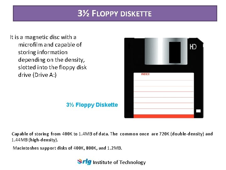 3½ FLOPPY DISKETTE It is a magnetic disc with a microfilm and capable of