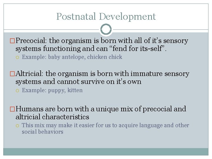 Postnatal Development �Precocial: the organism is born with all of it’s sensory systems functioning