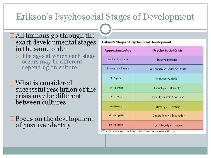 Erikson’s Psychosocial Stages of Development � All humans go through the exact developmental stages