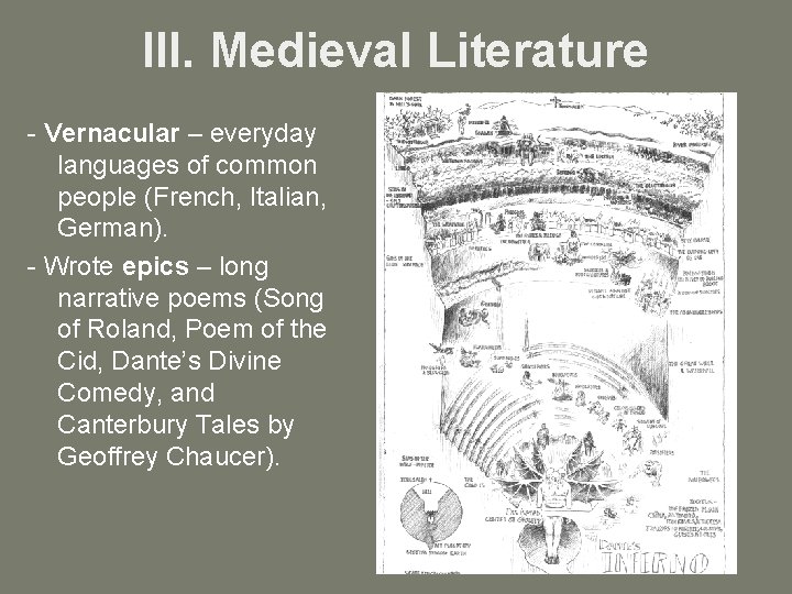 III. Medieval Literature - Vernacular – everyday languages of common people (French, Italian, German).