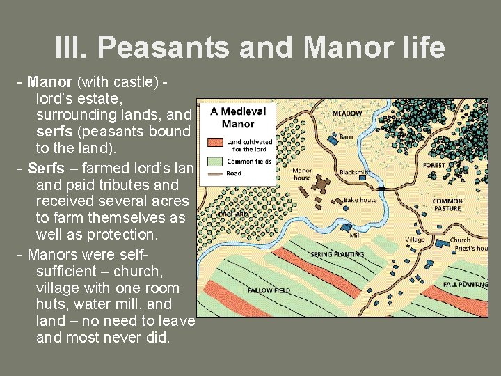 III. Peasants and Manor life - Manor (with castle) lord’s estate, surrounding lands, and