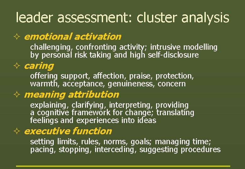 leader assessment: cluster analysis ² emotional activation challenging, confronting activity; intrusive modelling by personal