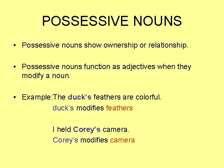POSSESSIVE NOUNS • Possessive nouns show ownership or relationship. • Possessive nouns function as