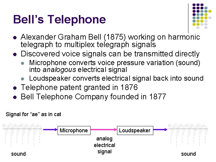 Bell’s Telephone l l Alexander Graham Bell (1875) working on harmonic telegraph to multiplex