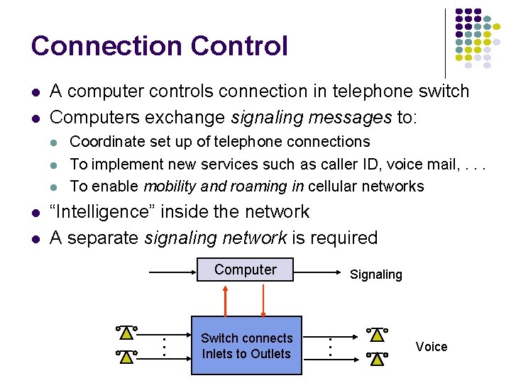 Connection Control l l Coordinate set up of telephone connections To implement new services