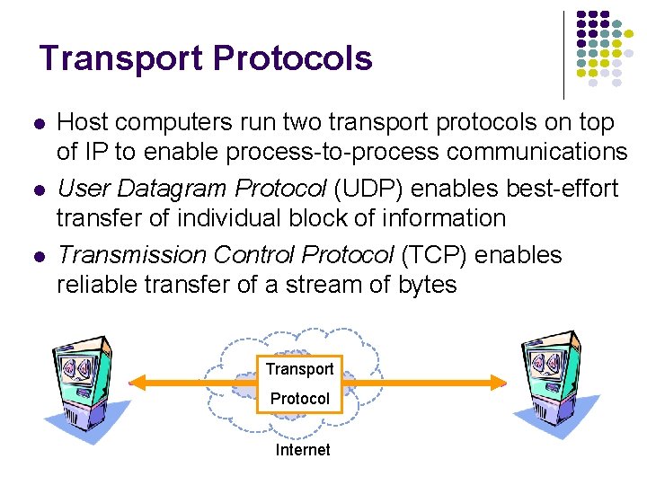 Transport Protocols l l l Host computers run two transport protocols on top of