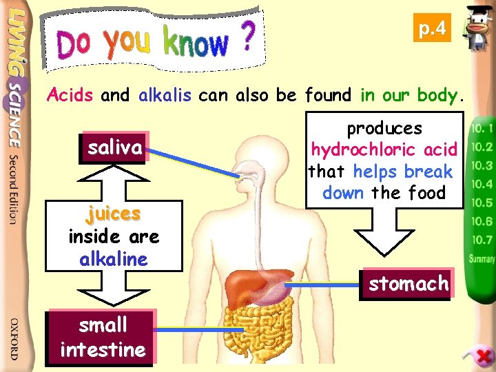 p. 4 Acids and alkalis can also be found in our body. saliva juices