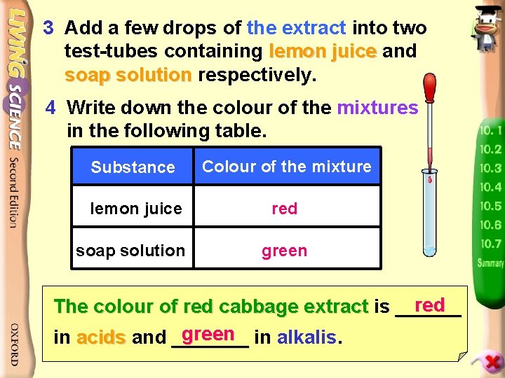 3 Add a few drops of the extract into two test-tubes containing lemon juice