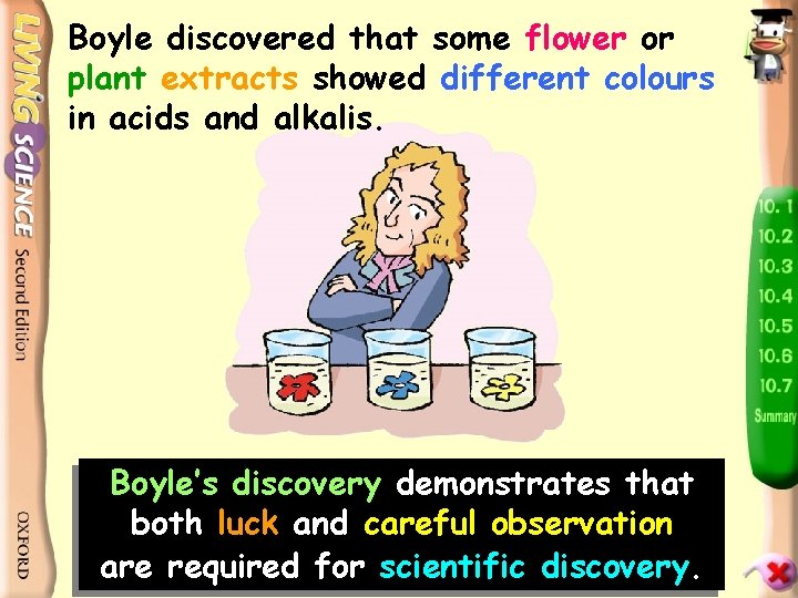 Boyle discovered that some flower or plant extracts showed different colours in acids and