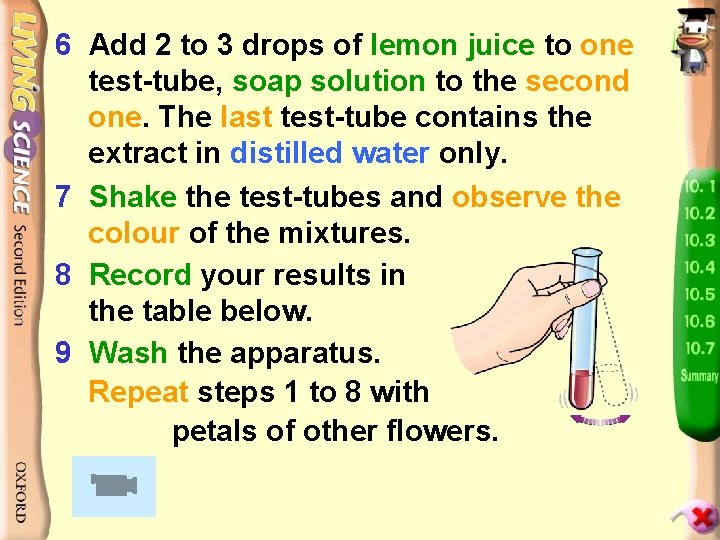 6 Add 2 to 3 drops of lemon juice to one test-tube, soap solution