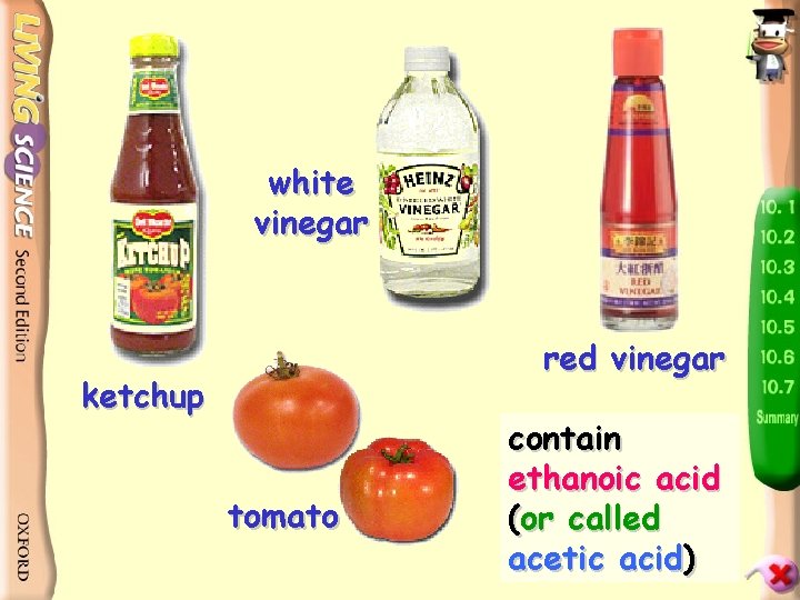 white vinegar red vinegar ketchup tomato contain ethanoic acid (or called acetic acid) 