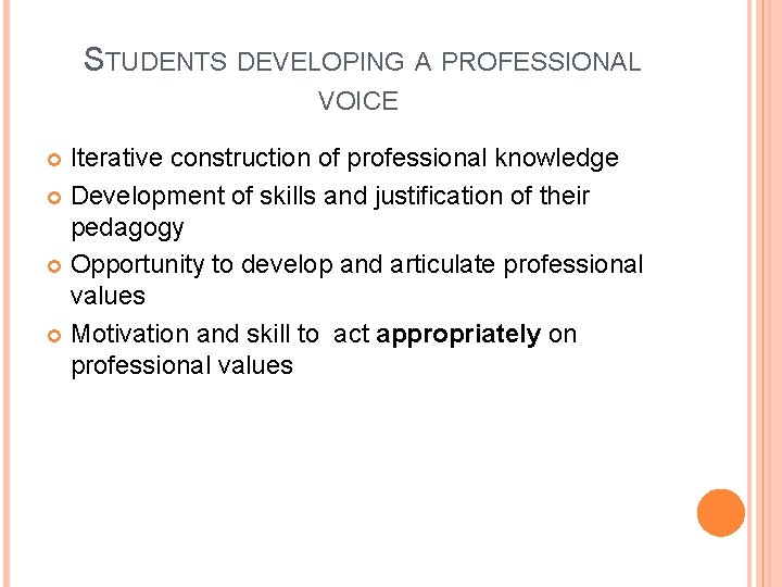 STUDENTS DEVELOPING A PROFESSIONAL VOICE Iterative construction of professional knowledge Development of skills and