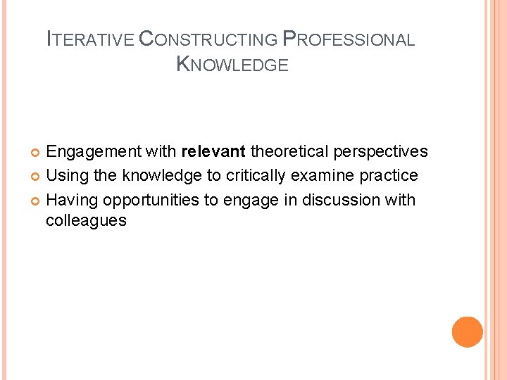 ITERATIVE CONSTRUCTING PROFESSIONAL KNOWLEDGE Engagement with relevant theoretical perspectives Using the knowledge to critically