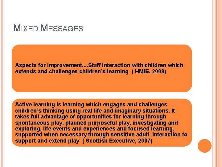 MIXED MESSAGES Aspects for Improvement. . Staff Interaction with children which extends and challenges