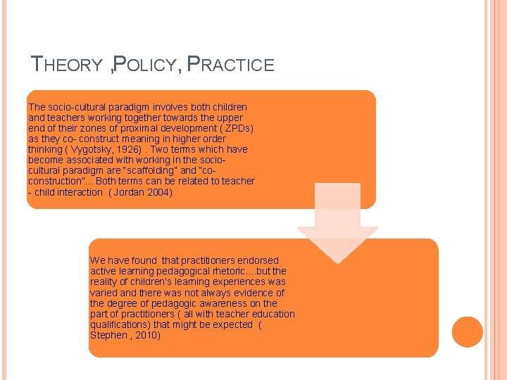 THEORY , POLICY, PRACTICE The socio-cultural paradigm involves both children and teachers working together