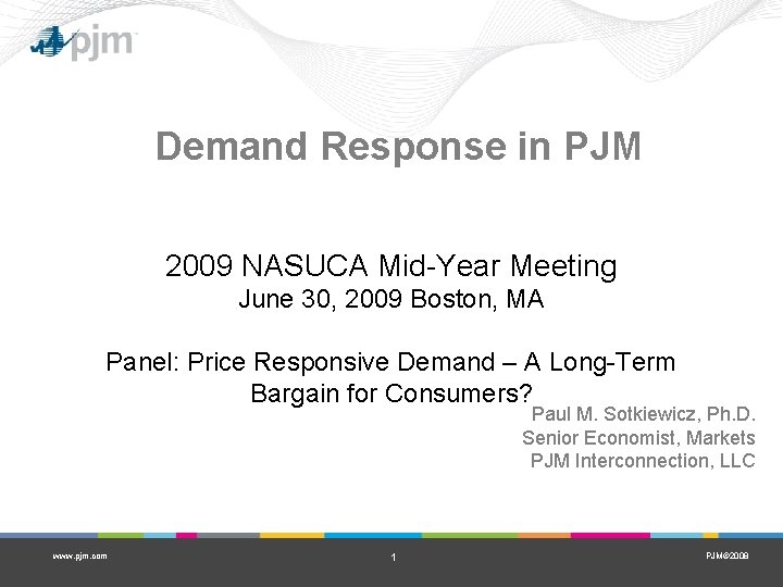 Demand Response in PJM 2009 NASUCA Mid-Year Meeting June 30, 2009 Boston, MA Panel: Demand Response in PJM 2009 NASUCA Mid-Year Meeting June 30, 2009 Boston, MA Panel: