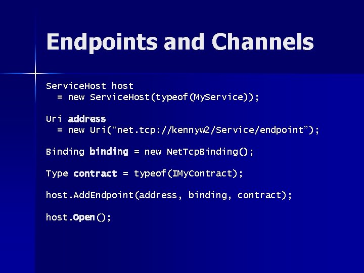 Endpoints and Channels Service. Host host = new Service. Host(typeof(My. Service)); Uri address =