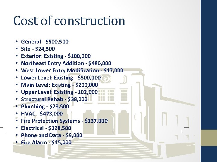 Cost of construction • • • • General - $500, 500 Site - $24,