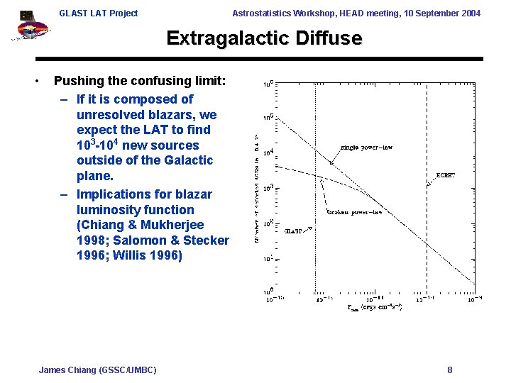 GLAST LAT Project Astrostatistics Workshop, HEAD meeting, 10 September 2004 Extragalactic Diffuse • Pushing