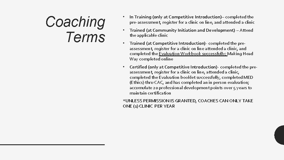 Coaching Terms • In Training (only at Competitive Introduction)– completed the pre-assessment, register for