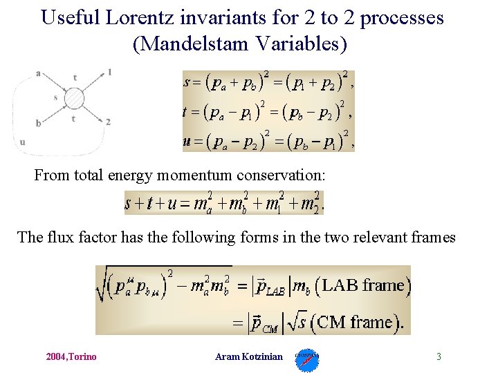  Useful Lorentz invariants for 2 to 2 processes (Mandelstam Variables) From total energy