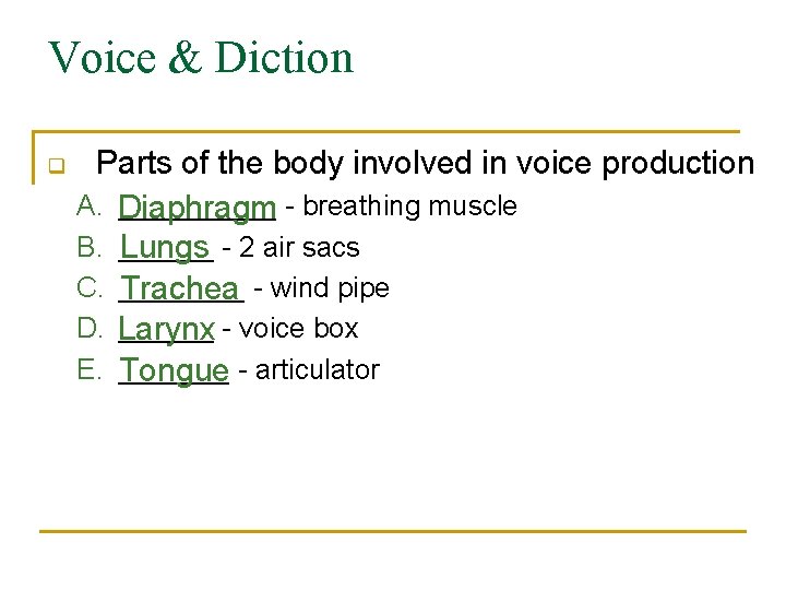 Voice & Diction q Parts of the body involved in voice production A. Diaphragm Voice & Diction q Parts of the body involved in voice production A. Diaphragm