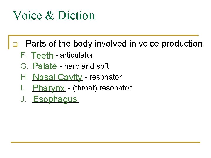 Voice & Diction q Parts of the body involved in voice production F. Teeth Voice & Diction q Parts of the body involved in voice production F. Teeth