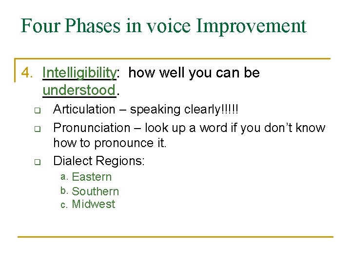 Four Phases in voice Improvement 4. Intelligibility _____: how well you can be _____. Four Phases in voice Improvement 4. Intelligibility _____: how well you can be _____.