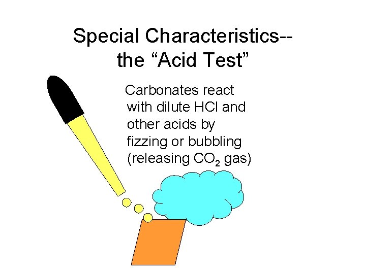 Special Characteristics-the “Acid Test” Carbonates react with dilute HCl and other acids by fizzing