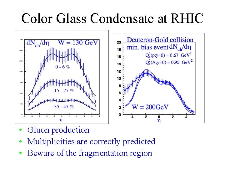 Color Glass Condensate at RHIC • Gluon production • Multiplicities are correctly predicted •