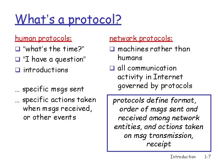 What’s a protocol? human protocols: q “what’s the time? ” q “I have a