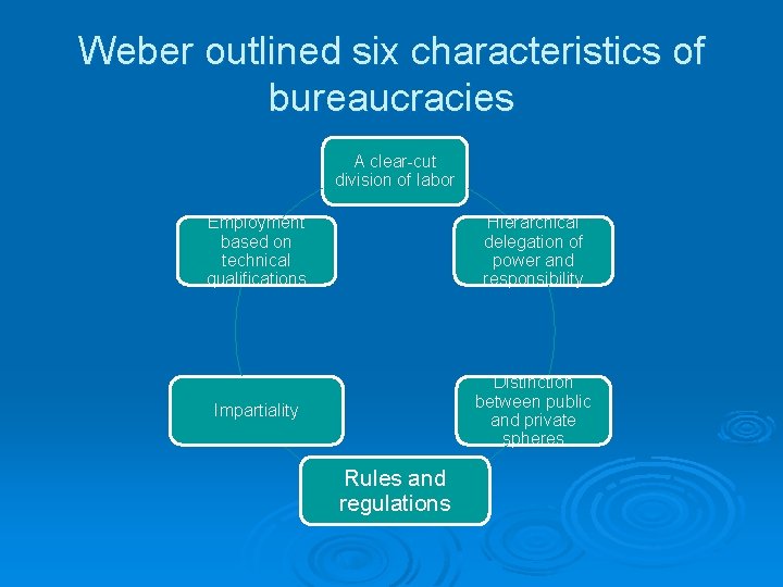 Weber outlined six characteristics of bureaucracies A clear-cut division of labor Employment based on Weber outlined six characteristics of bureaucracies A clear-cut division of labor Employment based on