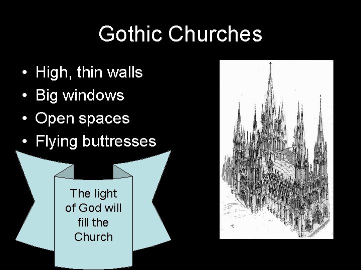 Gothic Churches • • High, thin walls Big windows Open spaces Flying buttresses The