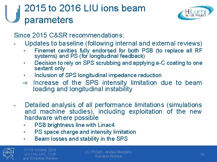 2015 to 2016 LIU ions beam parameters Since 2015 C&SR recommendations: Updates to baseline