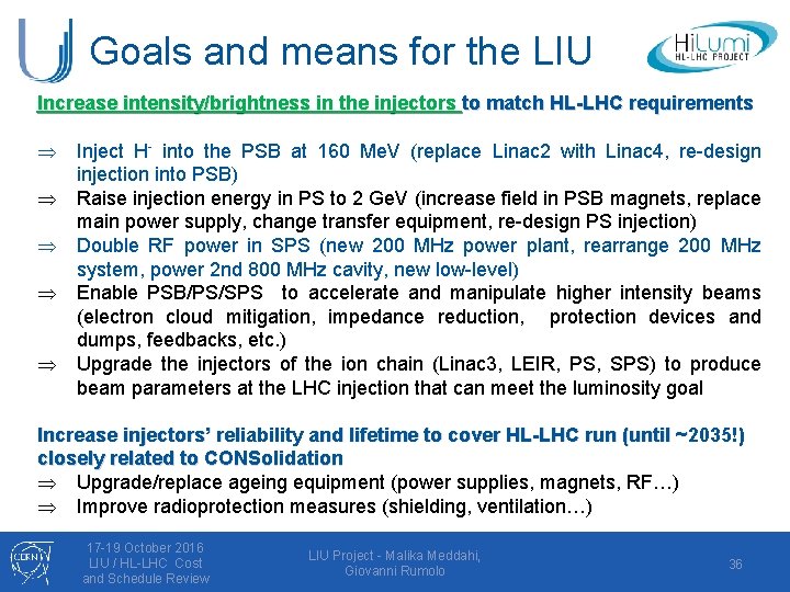 Goals and means for the LIU Increase intensity/brightness in the injectors to match HL-LHC