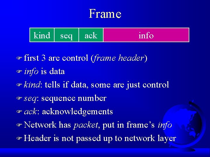 Frame kind F first seq ack info 3 are control (frame header) F info