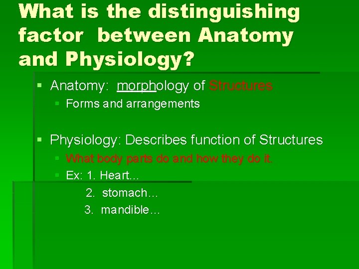 What is the distinguishing factor between Anatomy and Physiology? § Anatomy: morphology of Structures