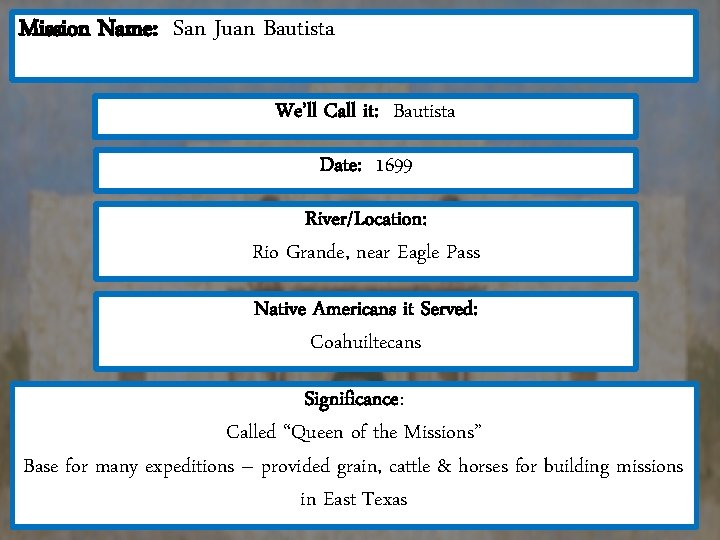 Mission Name: San Juan Bautista We’ll Call it: Bautista Date: 1699 River/Location: Rio Grande,