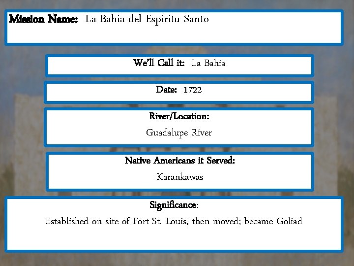 Mission Name: La Bahia del Espiritu Santo We’ll Call it: La Bahia Date: 1722