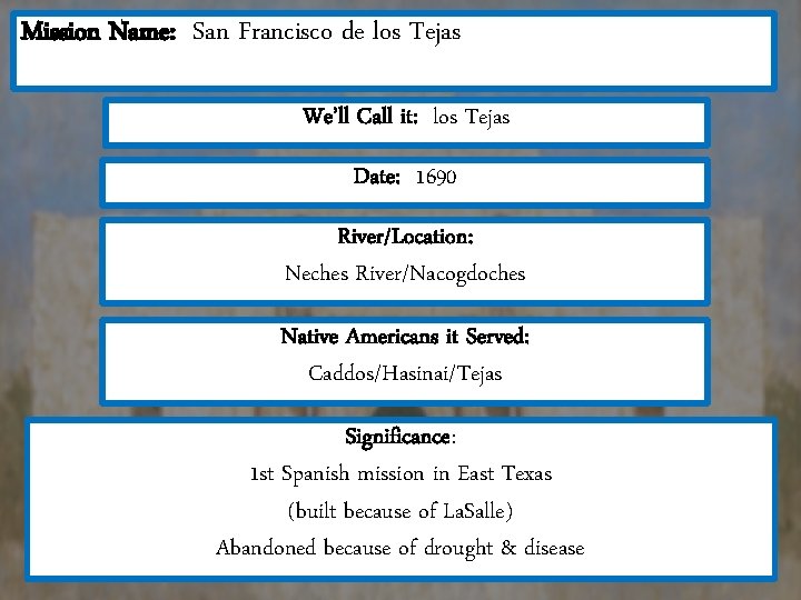 Mission Name: San Francisco de los Tejas We’ll Call it: los Tejas Date: 1690