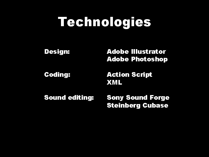 Technologies Design: Adobe Illustrator Adobe Photoshop Coding: Action Script XML Sound editing: Sony Sound