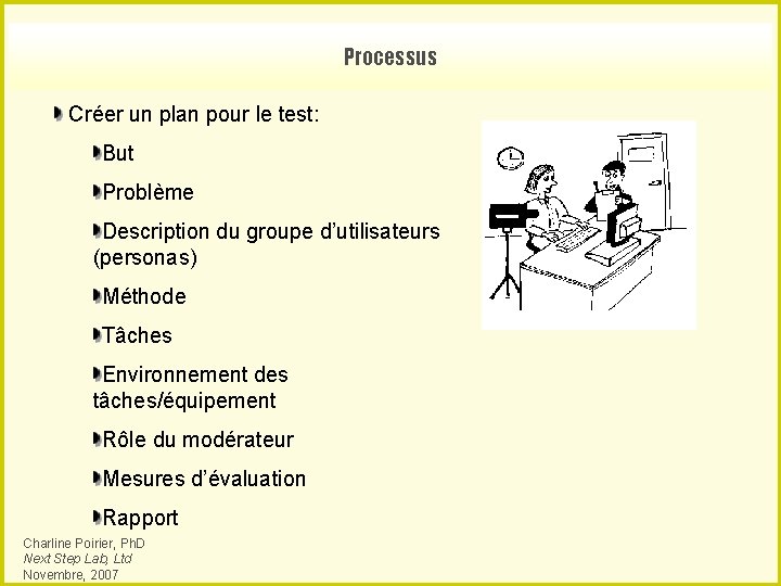 Processus Créer un plan pour le test: But Problème Description du groupe d’utilisateurs (personas)