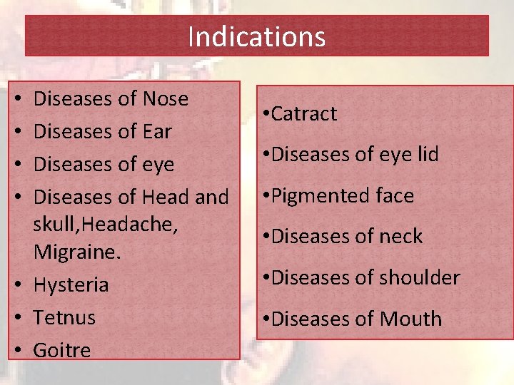 Indications Diseases of Nose Diseases of Ear Diseases of eye Diseases of Head and