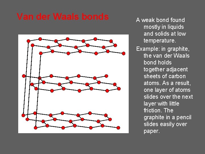 Van der Waals bonds A weak bond found mostly in liquids and solids at