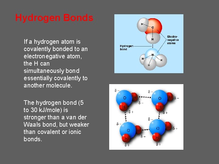 Hydrogen Bonds If a hydrogen atom is covalently bonded to an electronegative atom, the