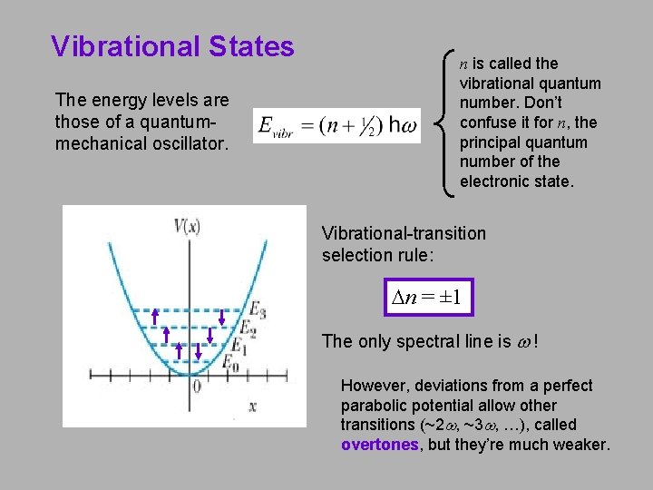 Vibrational States The energy levels are those of a quantummechanical oscillator. n is called